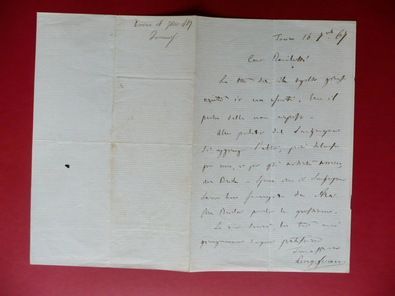 Autografo Luigi Ferraris Lettera Torino 1867 Politica Risorgimento Sostegno