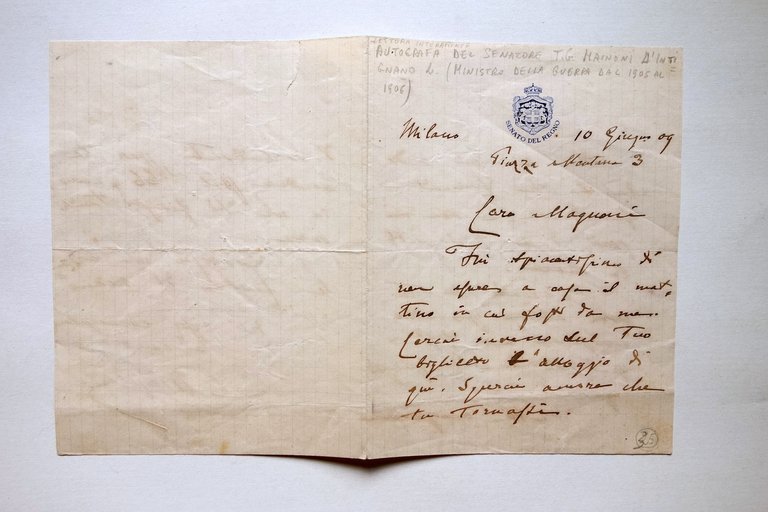Autografo Luigi Majnoni d'intingano Lettera Senato del Regno Magnoni 1909