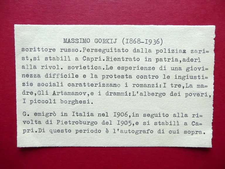 Autografo Maksim Gor'kij Biglietto Firma Capri Primo '900 Letteratura Molto …