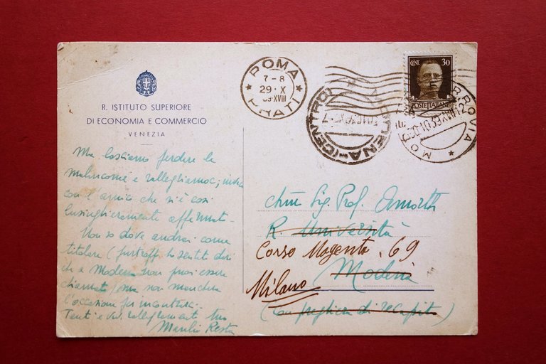 Autografo Manlio Resta Cartolina Amorth 1939 Economista Professore