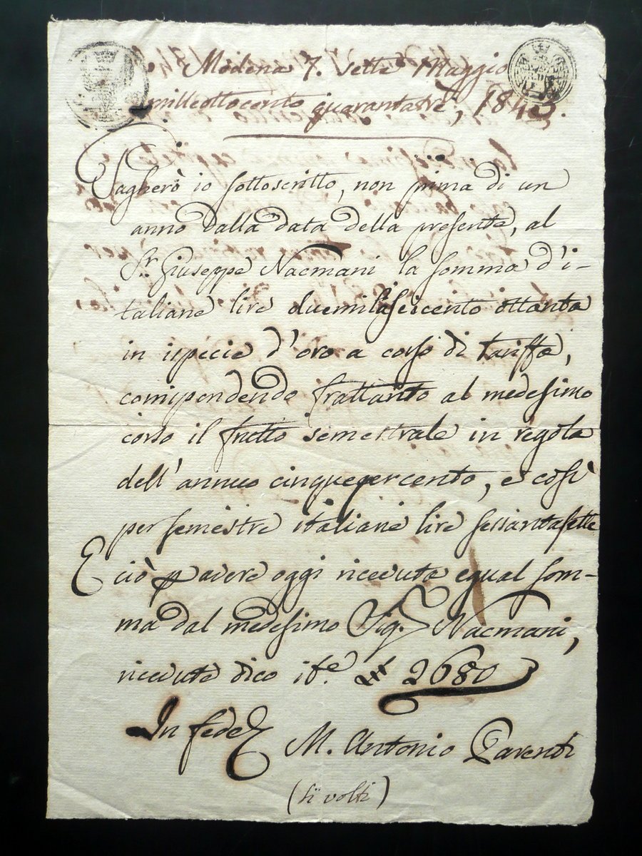 Autografo Marco Antonio Parenti Ricevute 1843-45 Pavullo Montecuccolo Due Firme