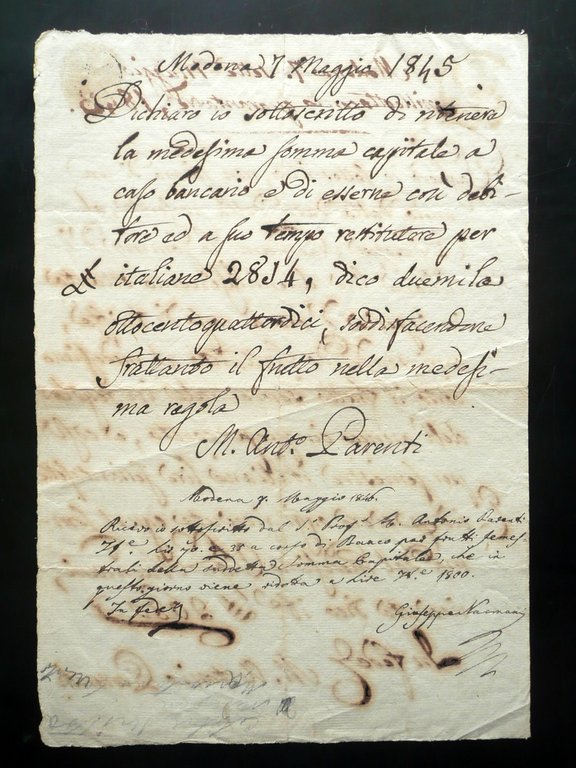 Autografo Marco Antonio Parenti Ricevute 1843-45 Pavullo Montecuccolo Due Firme