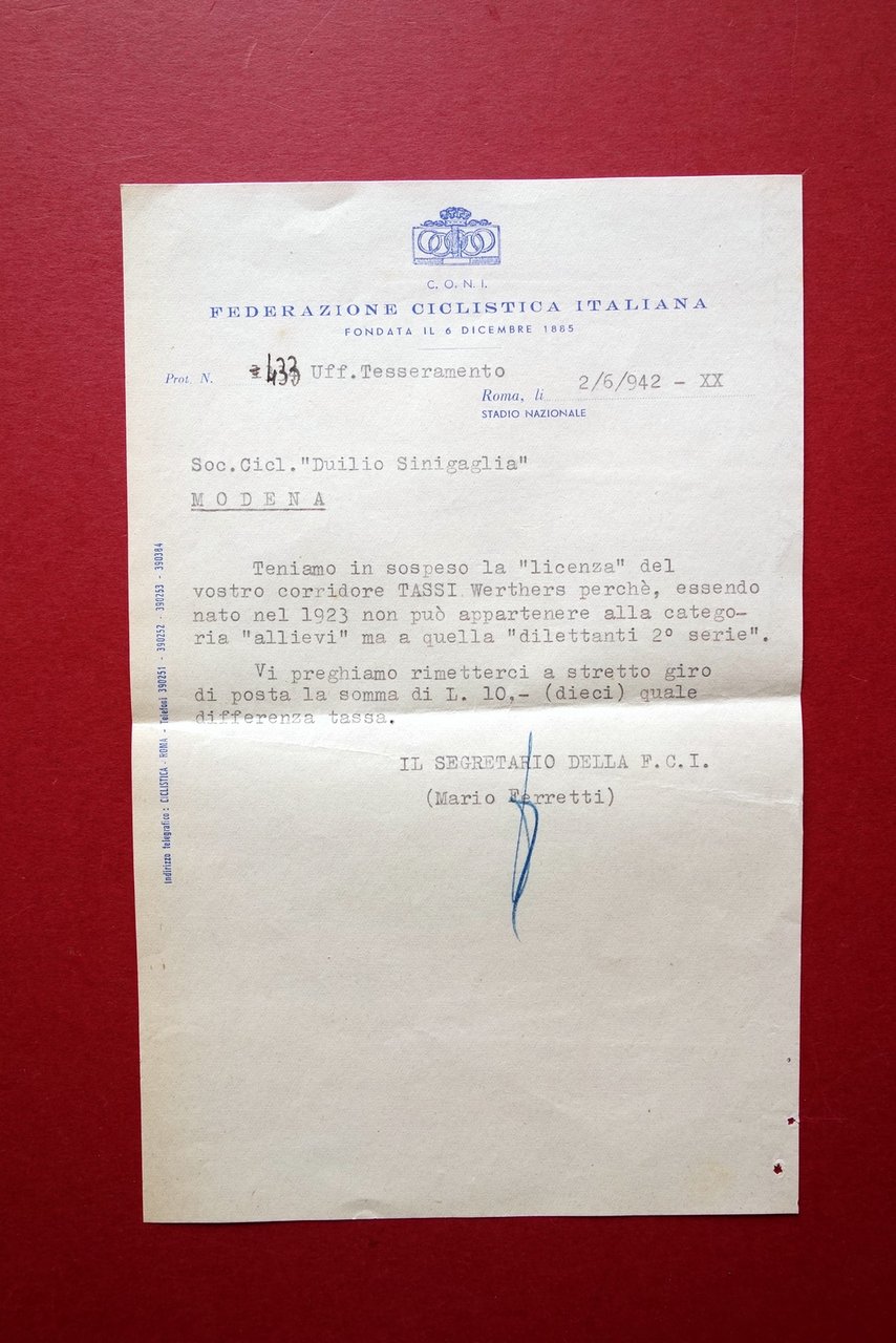 Autografo Mario Ferretti Segretario FCI Ciclismo Tesseramento Licenza Corsa 1942