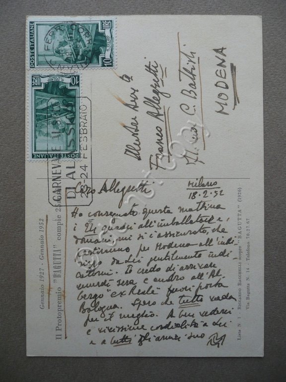 Autografo Mario Vellani Marchi Cartolina Protopremio Bagutta Milano 1952 Arte