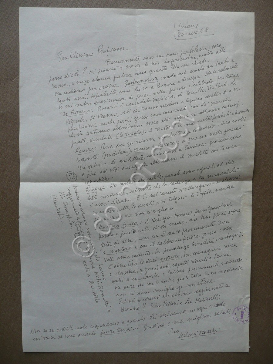 Autografo Mario Vellani Marchi Pittura Lettera Burano 1968 Gastronomia Abitanti