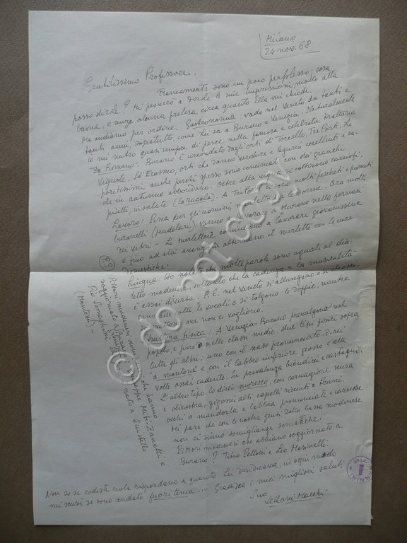 Autografo Mario Vellani Marchi Pittura Lettera Burano 1968 Gastronomia Abitanti