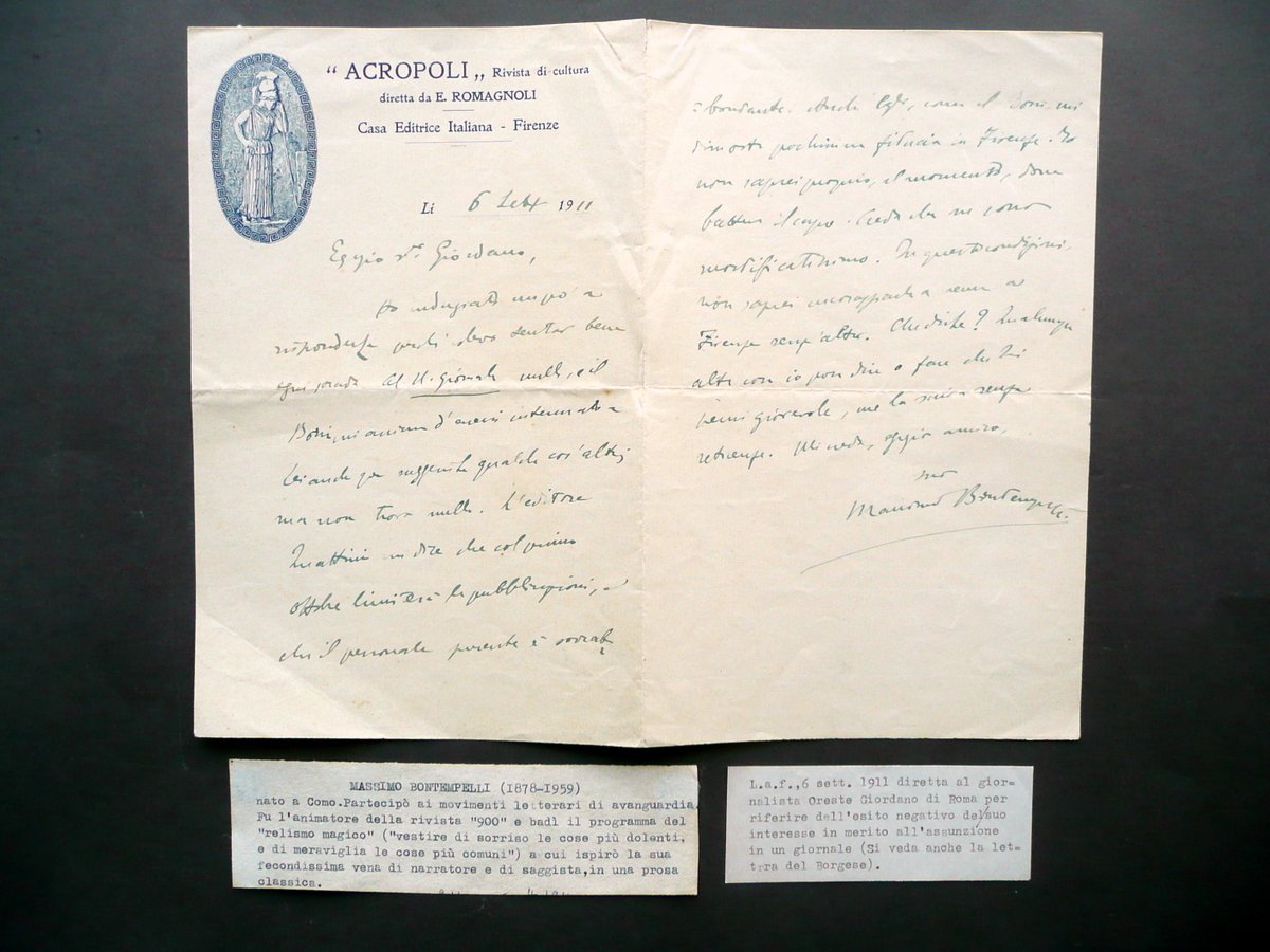 Autografo Massimo Bontempelli Lettera Rivista Acropoli Firenze 1911 Letteratura | Immagine principale