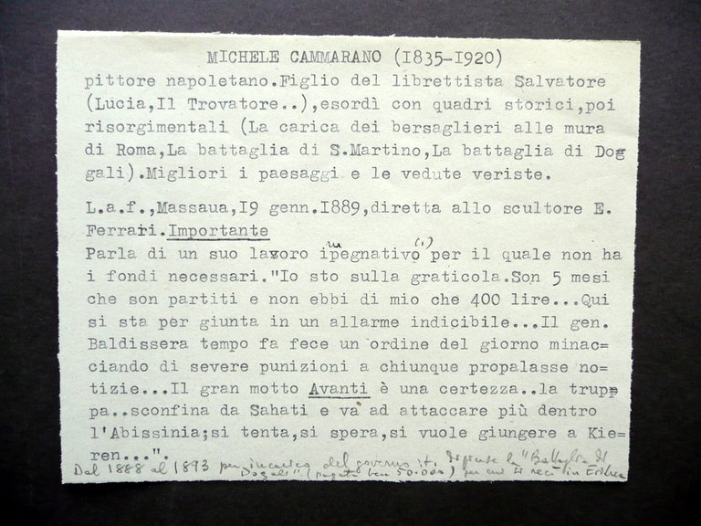 Autografo Michele Cammarano Lettera Massaua Eritrea 1889 Pittura Dogali Arte