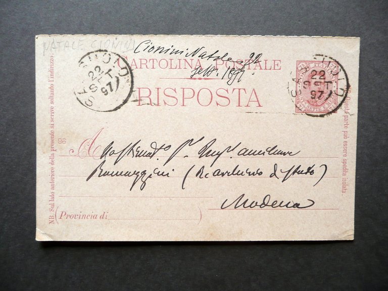 Autografo Natale Cionini Sassuolo Cartolina Postale 22/9/1897 Opera Teatro