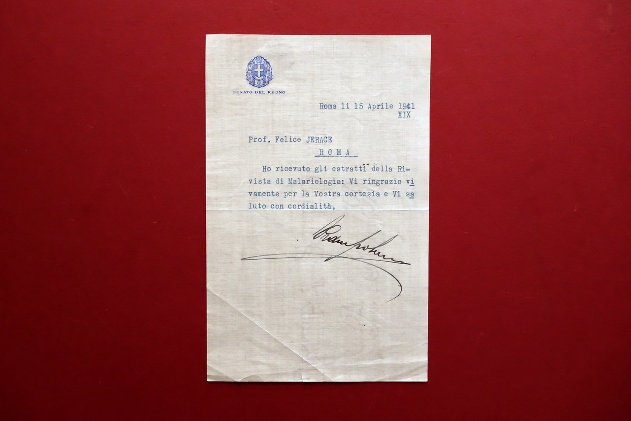 Autografo Natale Prampolini Lettera Senato del Regno Roma 1941 Malariologia