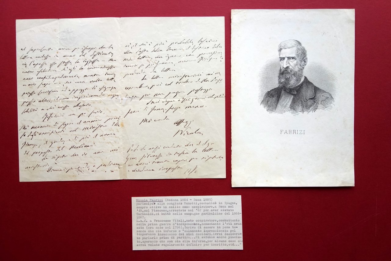 Autografo Nicola Fabrizi Lettera Francesco Vitali Patriota Risorgimento 1880(?)