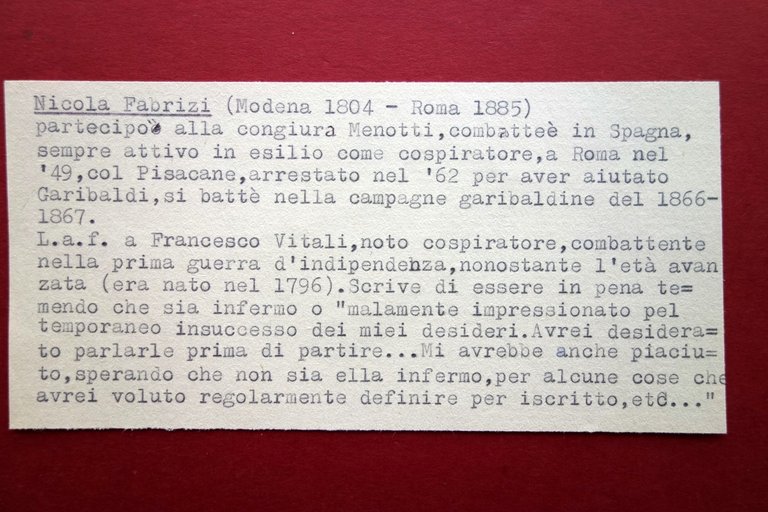 Autografo Nicola Fabrizi Lettera Francesco Vitali Patriota Risorgimento 1880(?)