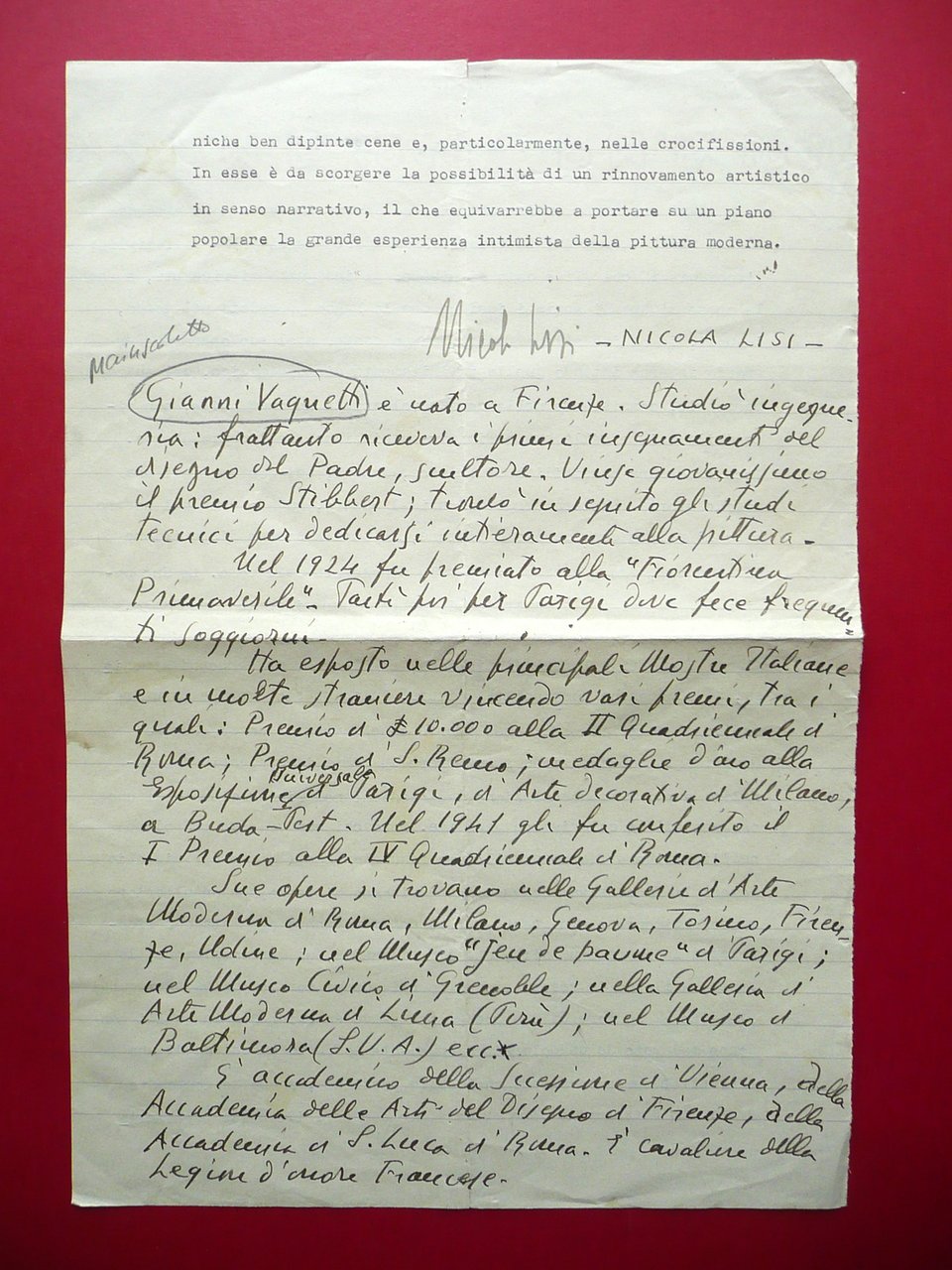 Autografo Nicola Lisi Scarperia Firma Articolo Gianni Vagnetti Saletta Modena