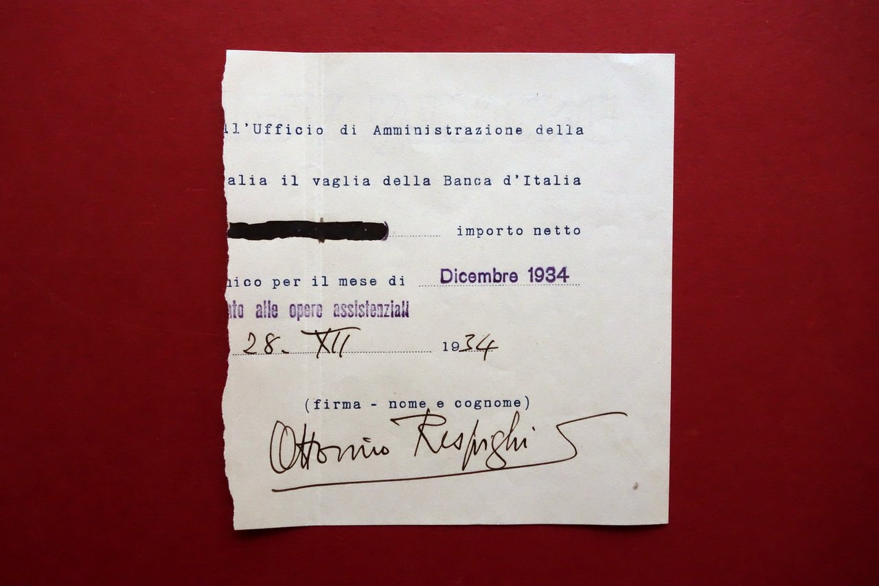 Autografo Ottorino Respighi Firma Vaglia 28/12/1934 Compositore Musica | Immagine principale