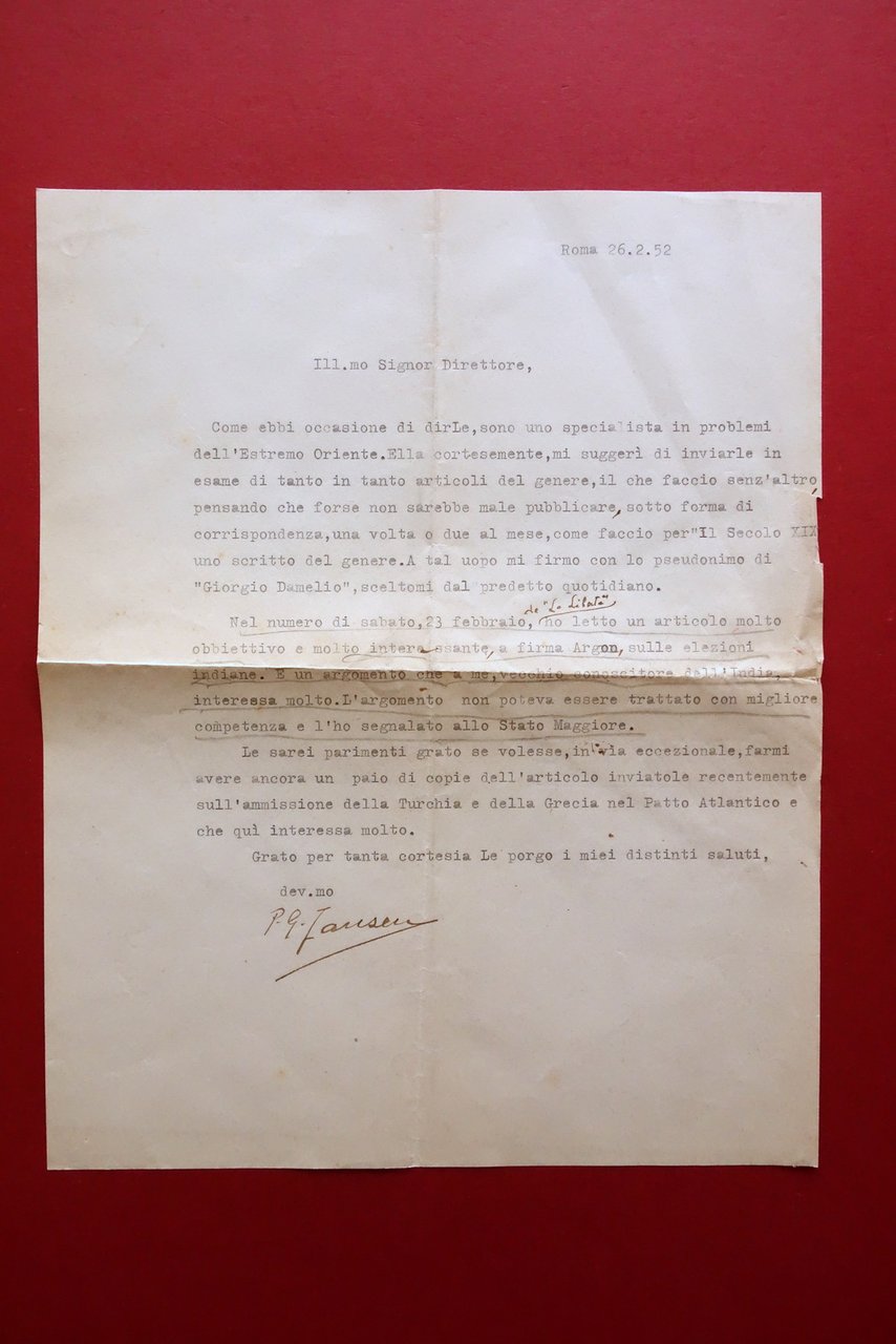 Autografo P. G. Jansen Giornalista Damelio Lettera Elezioni India Turchia …
