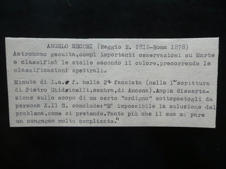 Autografo Padre Angelo Secchi Lettera Astronomia Ordigno Seconda Met‡ '800