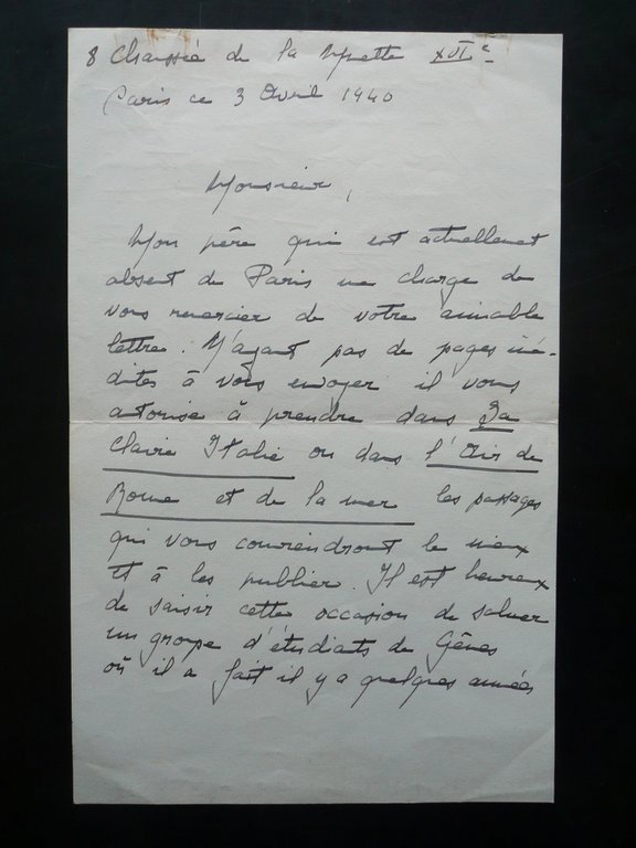 Autografo Paul Henry Bordeaux Lettera Parigi 3/4/940 Genova Accademico Scrittore