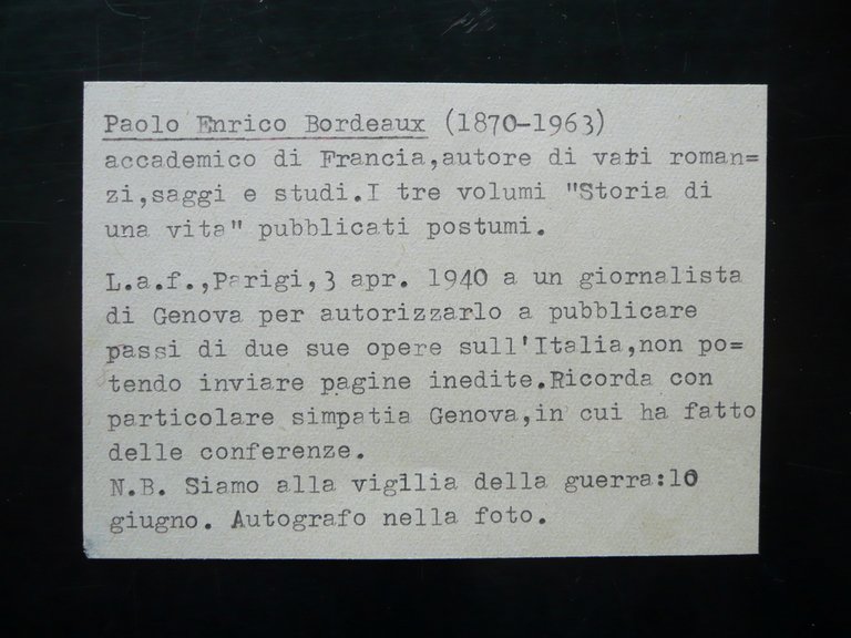 Autografo Paul Henry Bordeaux Lettera Parigi 3/4/940 Genova Accademico Scrittore