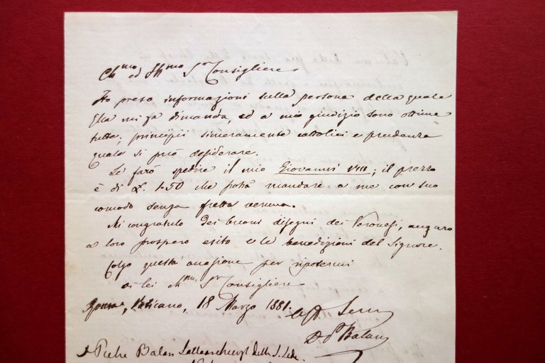 Autografo Pietro Balan Lettera 18/3/1881 Sacerdote Reazionario Conservatore