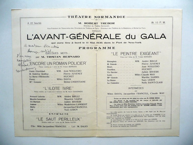 Autografo Tristan Bernard L'Avant Generale du Gala Theatre Normandie N.Y. …