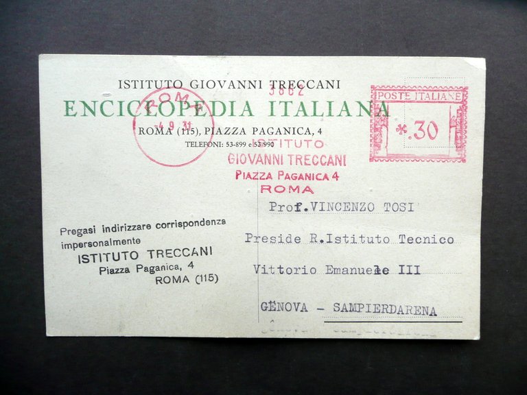 Autografo Ugo Spirito Cartolina Intestata Treccani Roma 3/9/1931 Filosofia