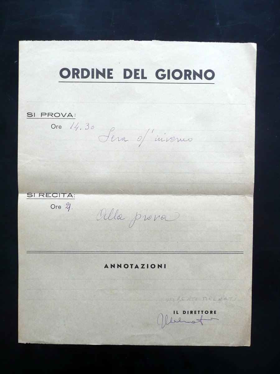 Autografo Umberto Melnati Attore Ordine del Giorno Prova Recita Teatro
