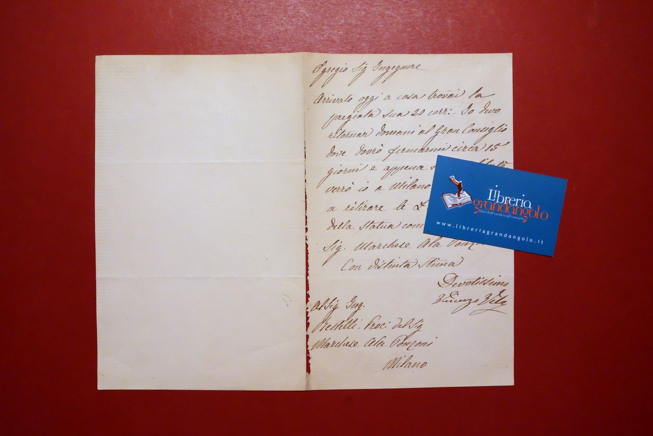 Autografo Vincenzo Vela Scultore Ligornetto Lettera Marchese Ala Ponzoni Milano | Immagine principale