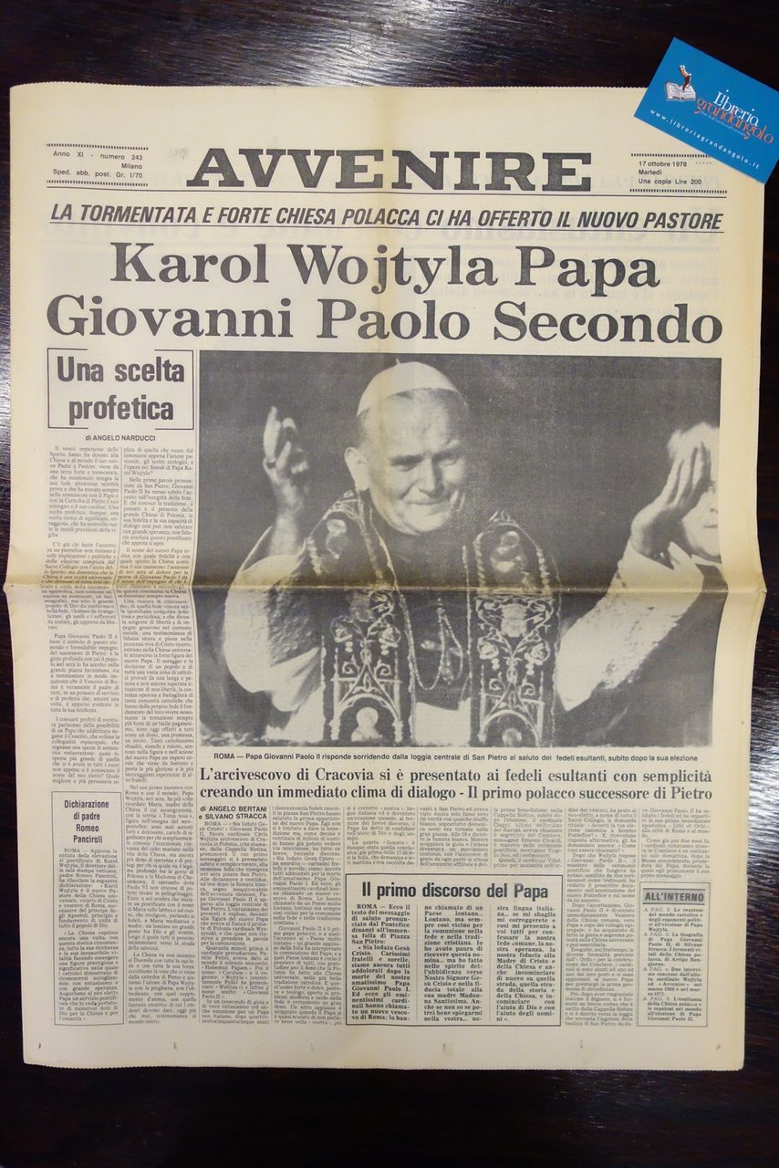 AVVENIRE ELEZIONE PAPA GIOVANNI PAOLO II WOJTYLA 17/10/1978 COMPLETO