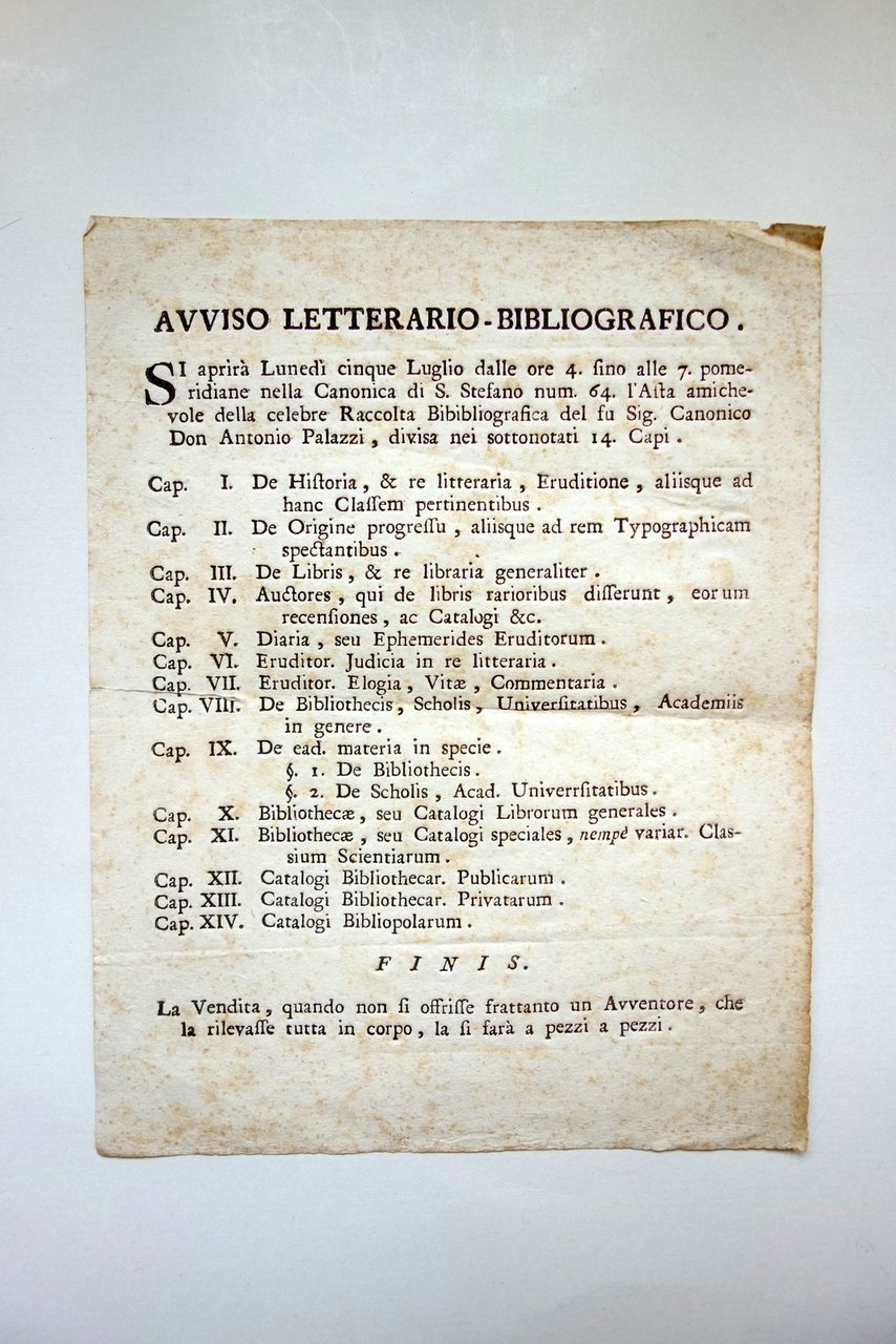 Avviso Asta Amichevole Raccolta Bibliografica Canonico A. Palazzi Primo '800