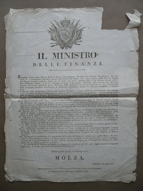 Avviso Fiera Citt‡ di Reggio Emilia Disposizioni Esecuzioni 1815 Soliani Modena