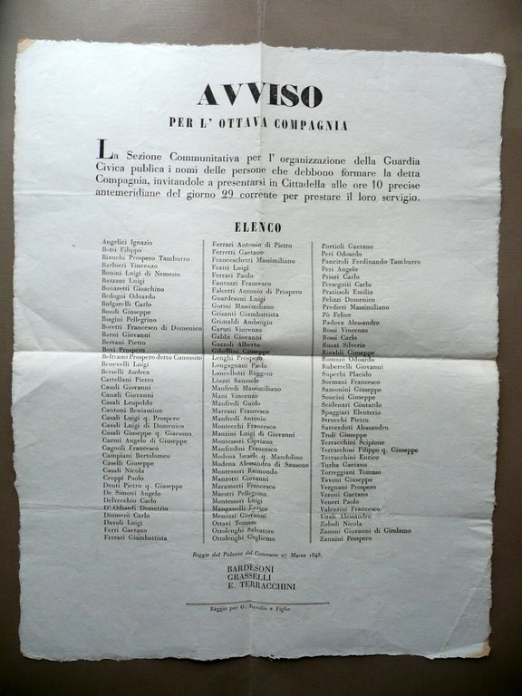 Avviso Formazione Ottava Compagnia Guardia Civica Elenco Nomi Reggio Emilia 1848