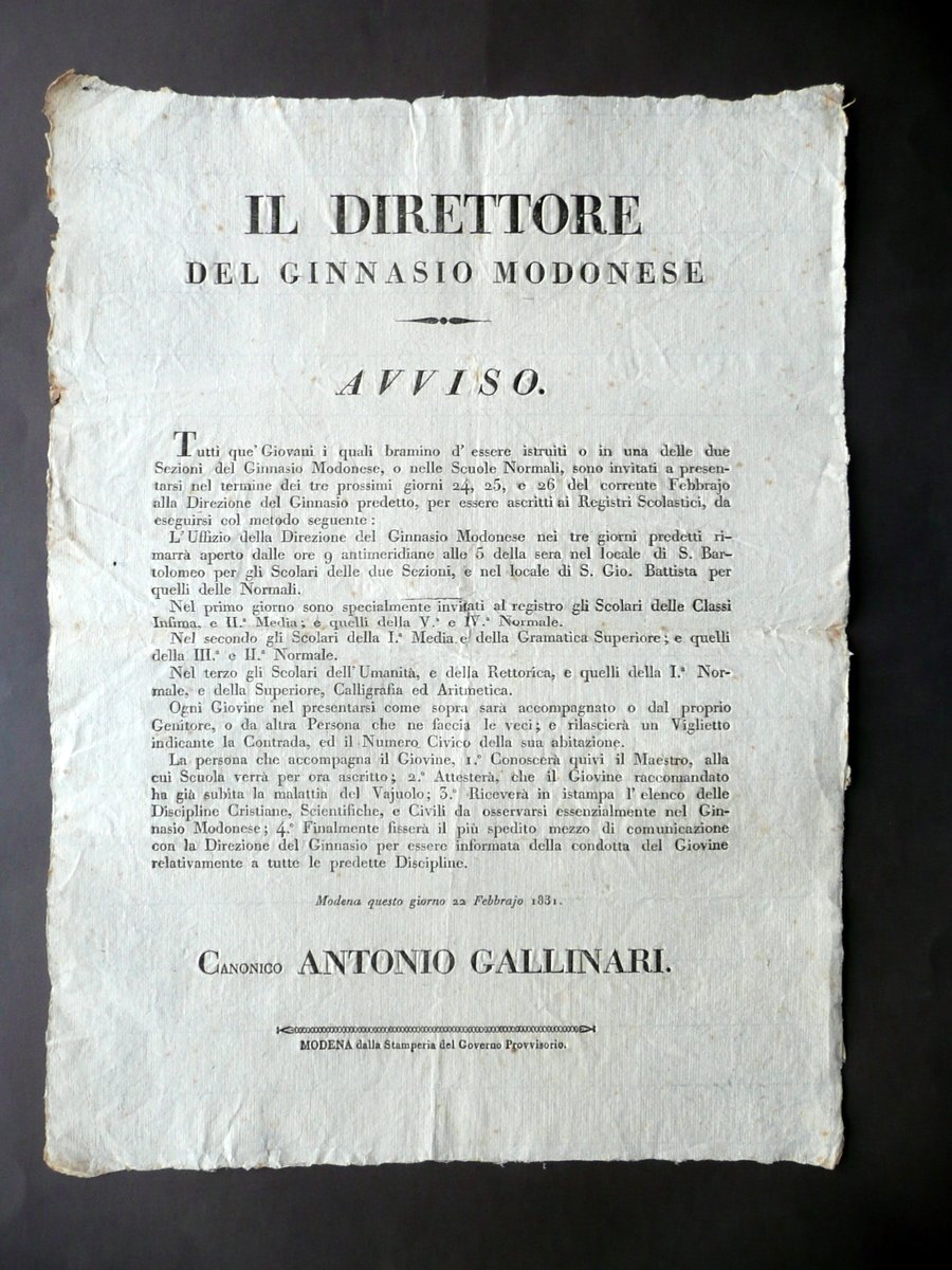 Avviso Ginnasio Modenese Iscrizioni Registri Organizzazione Vaiolo Modena 1831 | Immagine principale