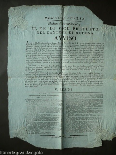 Avviso Grida Napoleonica Regno Italia 1809 Coscritti Armata Militaria Modena