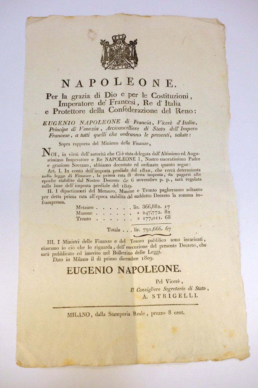 AVVISO NAPOLEONE IMPOSTA PREDIALE DIPARTIMENTO METAURO MUSONE TRONTO 1809