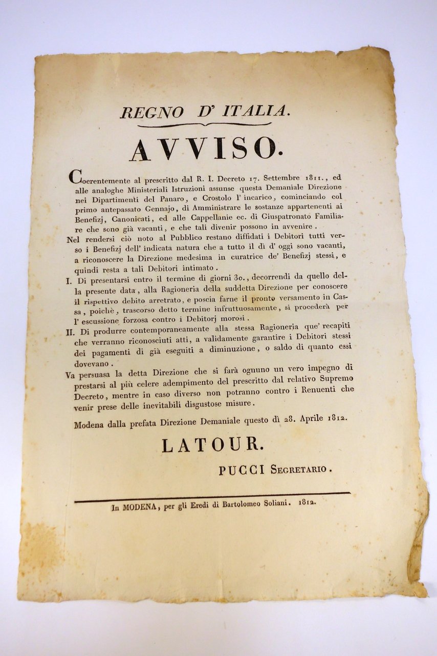 AVVISO REGNO D'ITALIA MODENA DEMANIO BENI BENEFIZI CANONICATI DISPOSIZIONI 1812