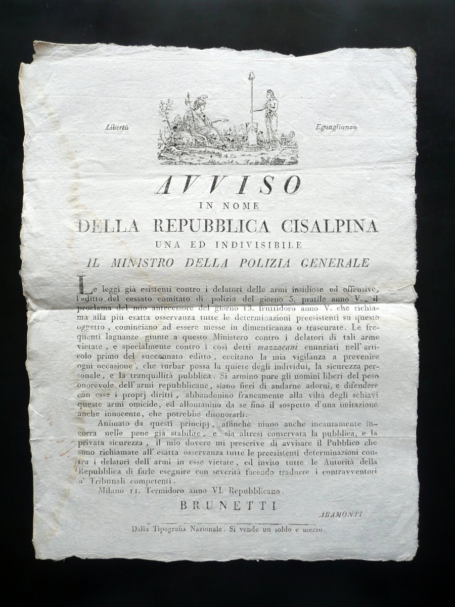 Avviso Repubblica Cisalpina Delazione Armi Insidiose Offensive Mazzacani 1798 | Immagine principale