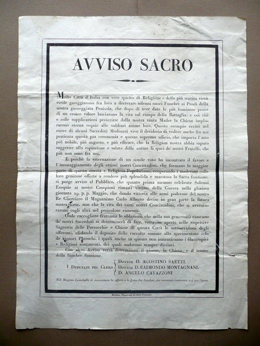 Avviso Sacro Modena Messa Patrioti Risorgimento Carlo Alberto 1848(?) Vincenzi