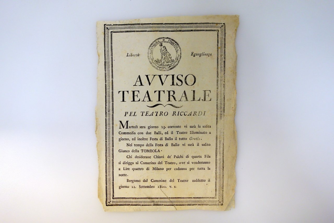 Avviso Teatrale Teatro Riccardi Bergamo Repubblica Cisalpina Ballo Tombola 1800 | Immagine principale