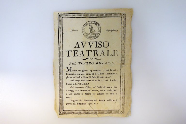 Avviso Teatrale Teatro Riccardi Bergamo Repubblica Cisalpina Ballo Tombola 1800
