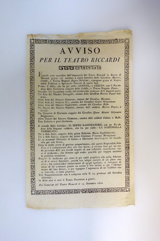 Avviso Teatro Riccardi Bergamo Programma Ballo Corval e Adelia Canti 1800
