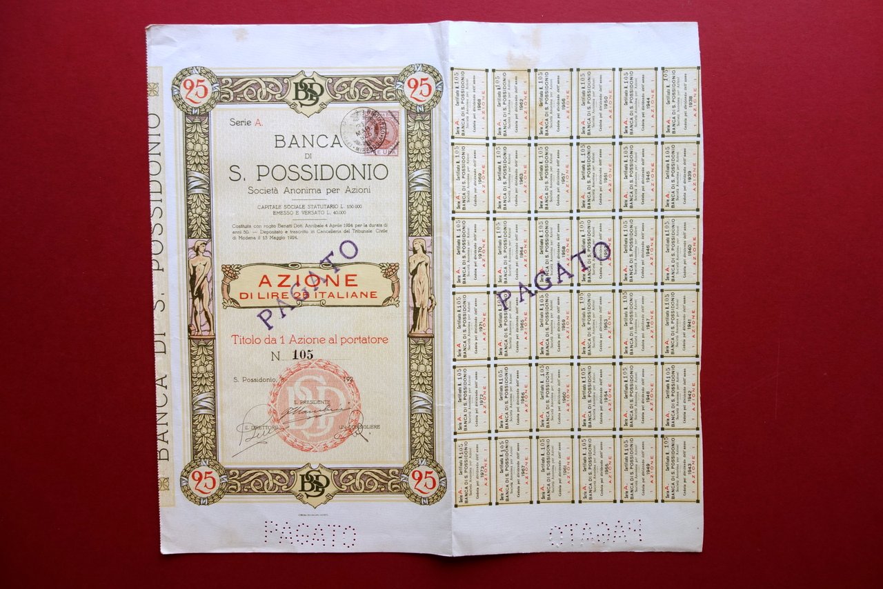 Azione Certificato Azionario Banca di San Possidonio Modena 1925 Rara