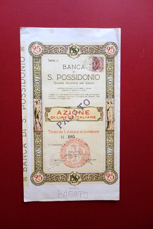 Azione Certificato Azionario Banca di San Possidonio Modena 1925 Rara