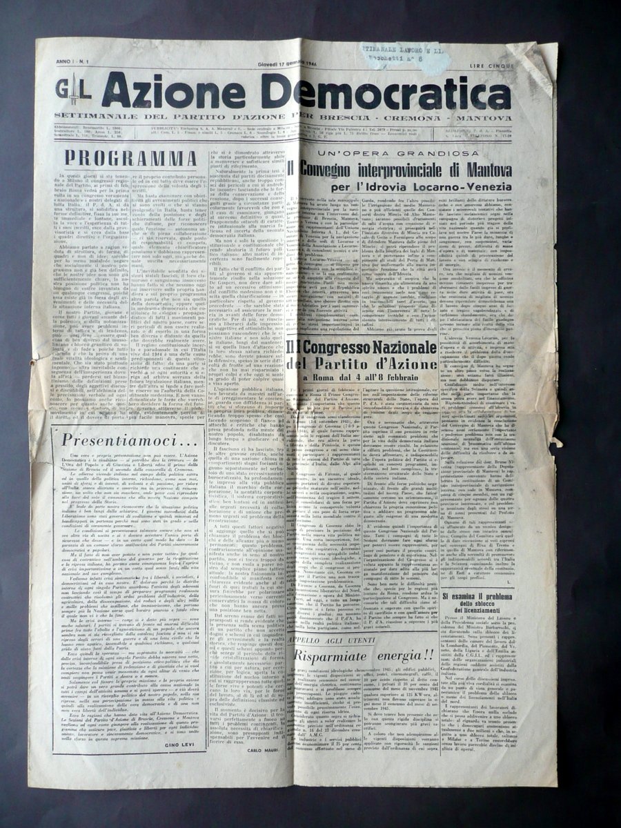 Azione Democratica Partito d'Azione Brescia Cremona Mantova Anno 1 N. … | Immagine principale