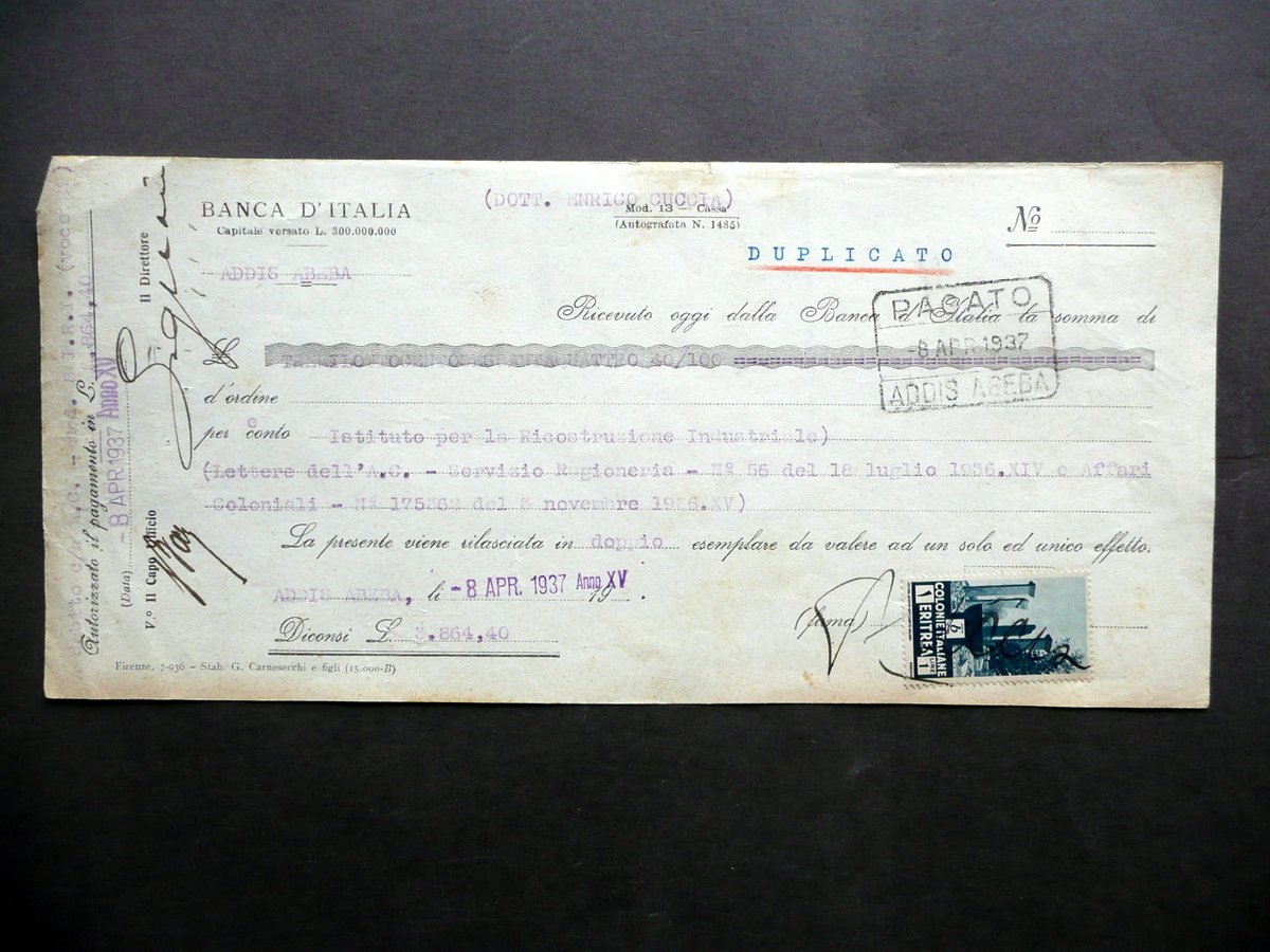 Banca d'Italia Ricevuta Pagamento Addis Abeba Etiopia Francobollo Eritrea 1937