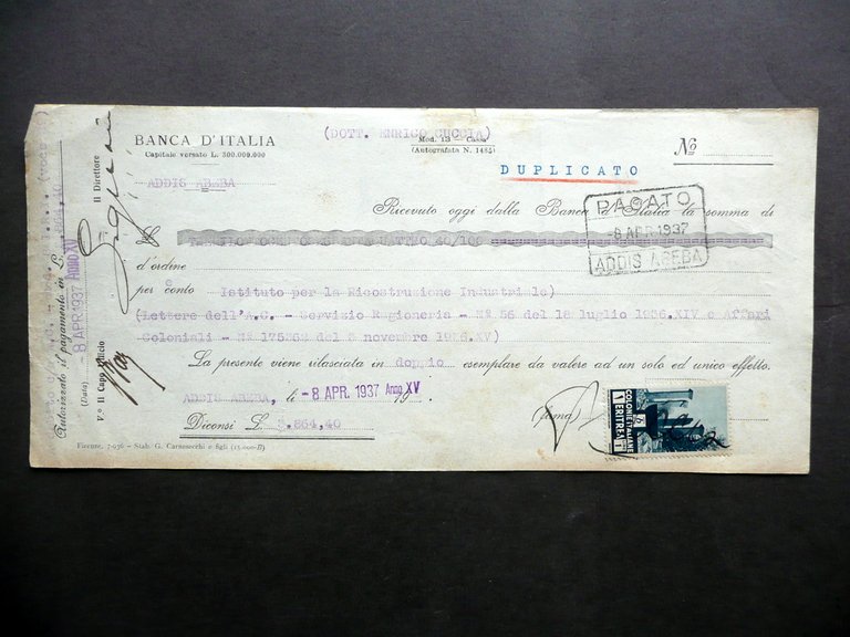 Banca d'Italia Ricevuta Pagamento Addis Abeba Etiopia Francobollo Eritrea 1937