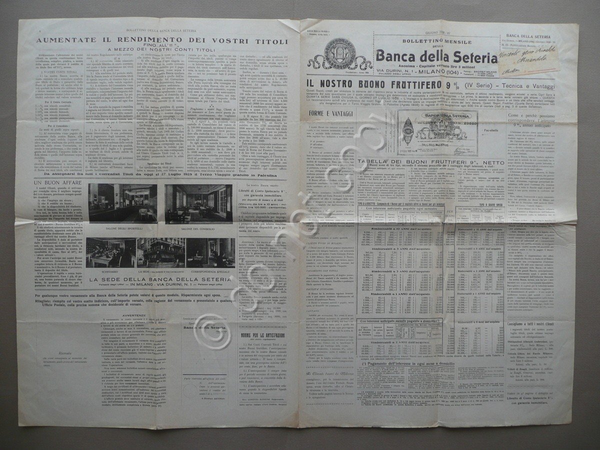 Banca della Seteria Bollettino Mensile Giugno 1928 Milano Via Durini …
