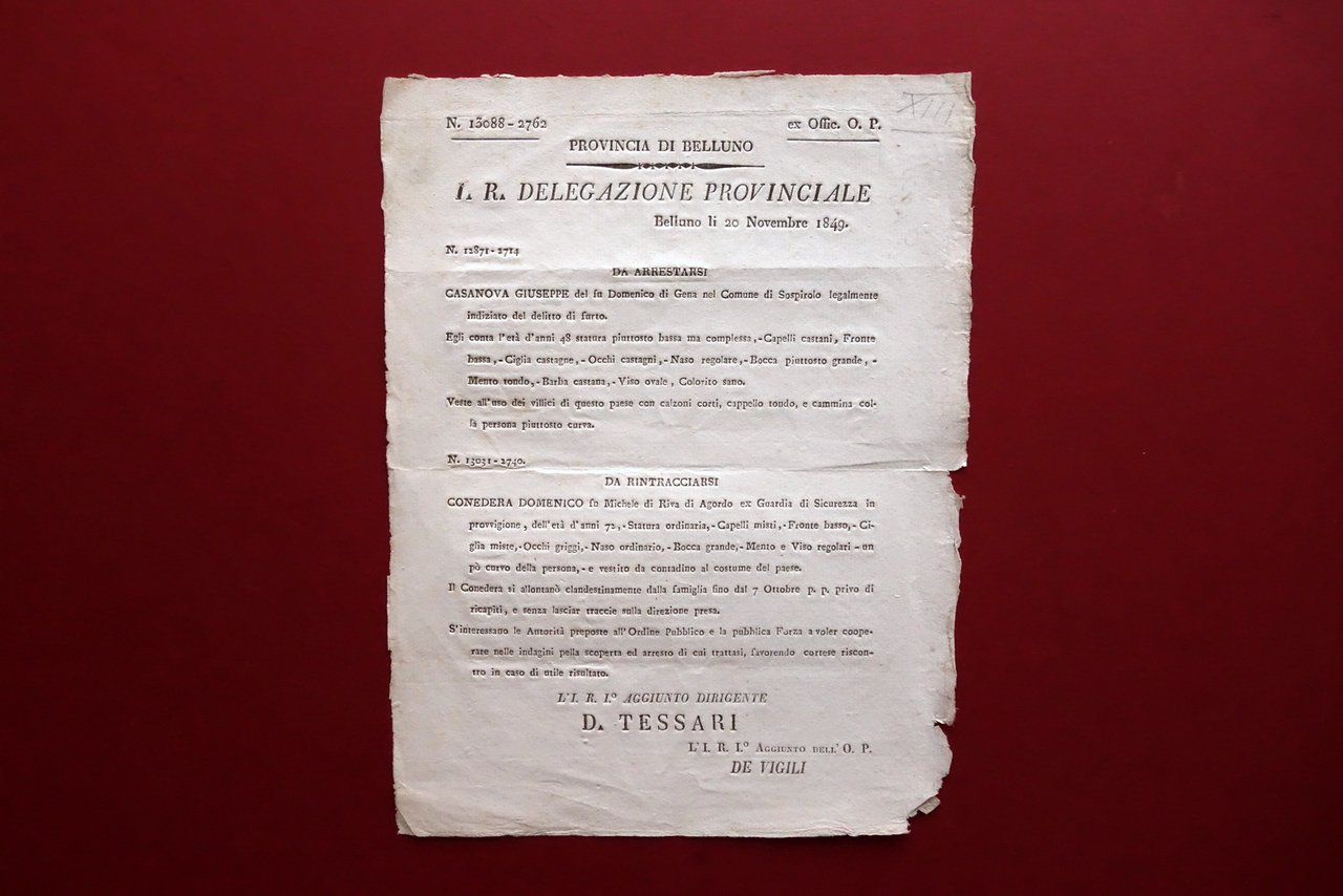 Bando di Cattura Delegazione Provinciale di Belluno Agordo Sospirolo 1849 | Immagine principale