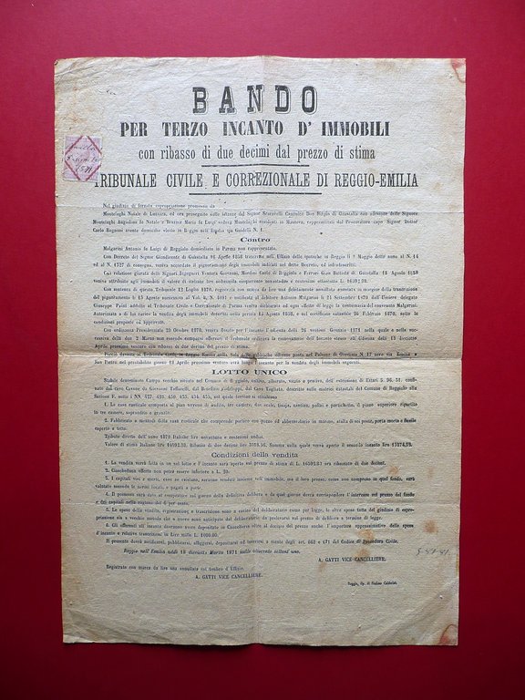 Bando Terzo Incanto di Immobili Asta Campo Vecchio Reggiolo Reggio Emilia 1871