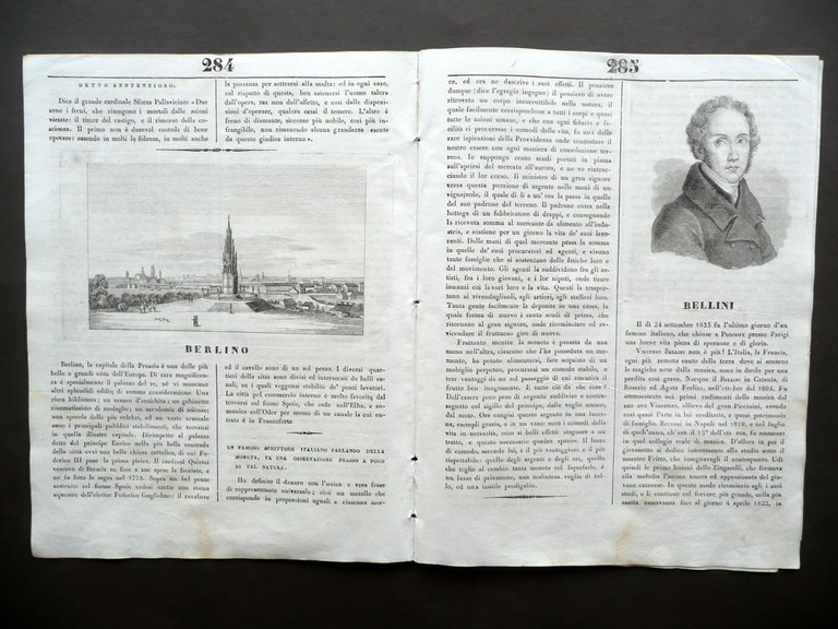 Bellini Morte Ritratto Incisione L'Album Anno Secondo Roma 14/11/1835