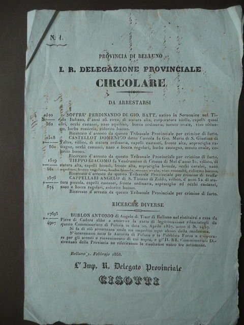 Belluno Saruonico Tirolo Feltre Cesana Zoldo 1858 Grida bandi cattura | Immagine principale